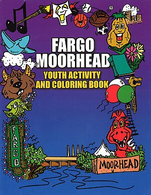 Cover of the Fargo Moorhead Youth Activity and Coloring Book. Icons of musical notes, an airplane in clouds, Thundar the NDSU mascot, a fish, the sign at the Fargo Theater, a bridge, the Hjemkomst Center and Moorhead sign, Scorch the MSUM mascot, a railroad track, white, read and green balloons, a book, flowers, the Concordia Cobbers mascot, a soccer ball, football, baseball, basketball, a theater mask.